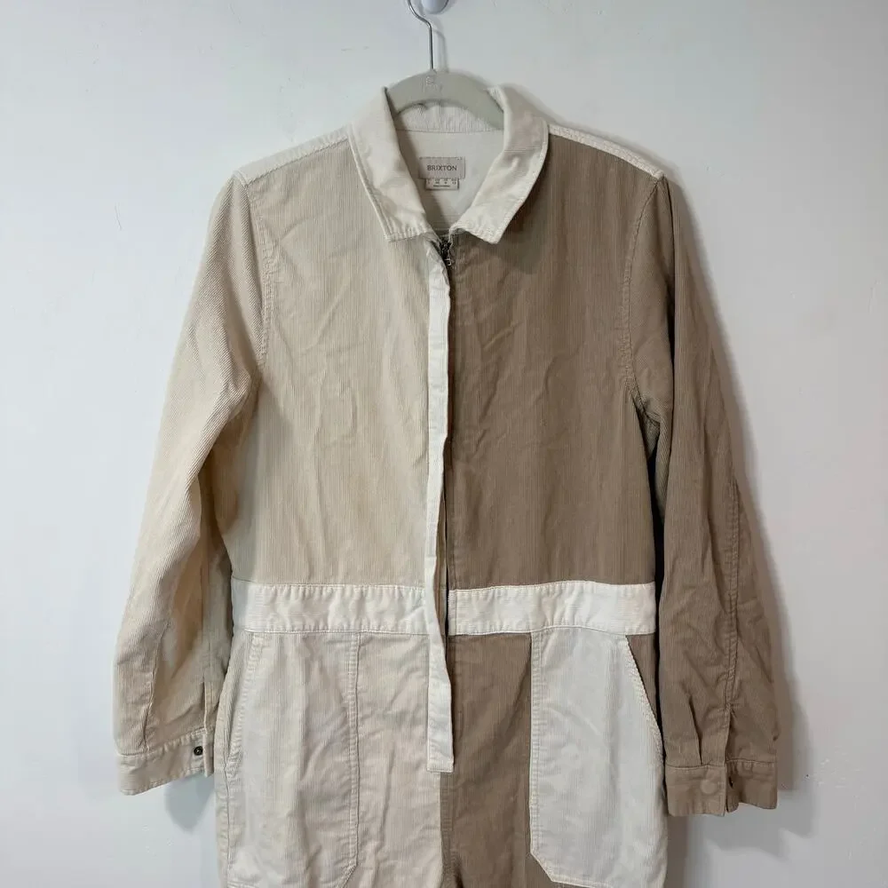 Brixton Women's Mersey‎ Coverall Corduroy Jumpsuit Long Sleeve Cream Tan Large